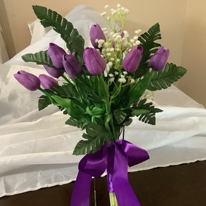 Real touch purple tulip and baby breath bridal bouquet