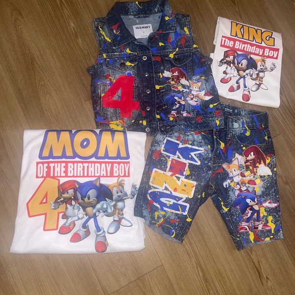 Sonic custom  theme Birthday boy denim three piece jacket pants set