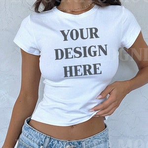 Gildan 5000B Trendy Baby Tee Mockup | Womens White Baby Tee Tshirt Mockup Trendy Selfie Crop Top Baby Tee Mockup Styled Real Model Mockup