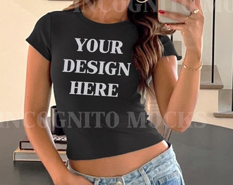 Black Gildan 5000B Baby Tee Mockup Womens Black Baby Tee Tshirt Mockup Trendy Selfie Crop Top Baby Tee Mockup Styled Real Model Mockup Girl