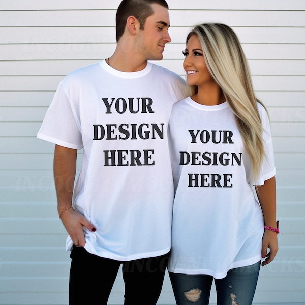 Couples Tshirt Mockup | White Gildan 5000 Couple Mockup Gildan 5000 Outdoor Model Mocks White Men and Women Multiple Shirts Engagement Mocks