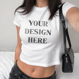 Gildan 5000B Trendy Baby Tee Mockup | Womens White Baby Tee Tshirt Mockup | Trendy Selfie Crop Top Baby Tee Mockup Diverse Real Model Mockup