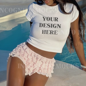 Gildan 5000B Trendy Baby Tee Mockup | Womens White Baby Tee Tshirt Mockup Trendy Selfie Crop Top Baby Tee Mockup Diverse  Real Model Mockup