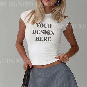 Gildan 5000B Trendy Baby Tee Mockup | Womens White Baby Tee Tshirt Mockup | Trendy Selfie Crop Top Baby Tee Mockup Diverse Real Model Mockup