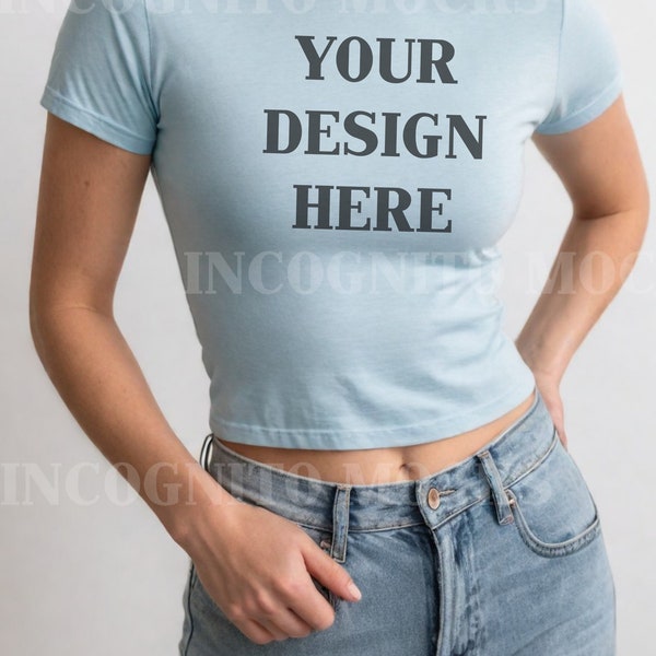 Blue Gildan 5000B Baby Tee Mockup | Womens Blue Baby Tee Tshirt Mockup Trendy Selfie Crop Top Baby Tee Mockup Aesthetic Styled Mockup Y2K