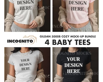 Gildan 5000B Baby Tee Mockup Bundle | 4 Womens Trendy Baby Tee Tshirt Mockup Cozy Selfie Crop Top Mock Baby Tee Mockup Diverse Model Mockup