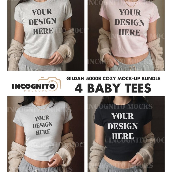 Gildan 5000B Baby Tee Mockup Bundle | 4 Womens Trendy Baby Tee Tshirt Mockup Cozy Selfie Crop Top Mock Baby Tee Mockup Diverse Model Mockup