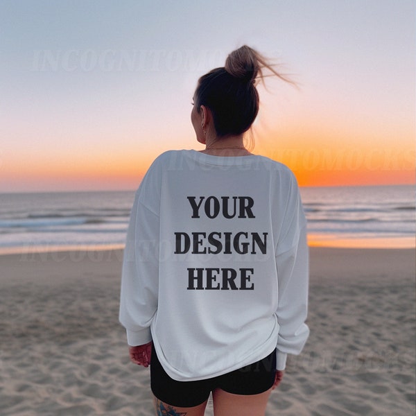 Gildan 2400 White Mockup | Long Sleeve T-Shirt Back Mockup, White Gildan Long Sleeve, Beach Mock, Trendy Oversized Lifestyle Bachelorette