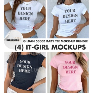 Gildan 5000B Baby Tee Mockup Bundle | 4 Womens Trendy Baby Tee Tshirt Mockup It-Girl Selfie Crop Top Mock Baby Tee Mockup Y2k Model Mockup