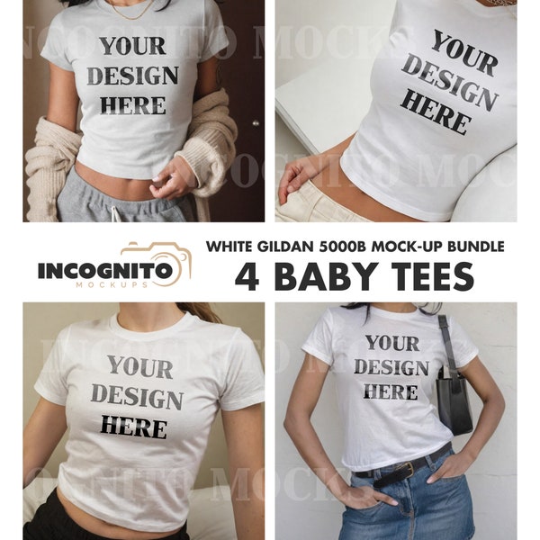 Gildan 5000B Baby Tee Mockup Bundle | 4 Womens White Baby Tee Tshirt Mockup Trendy Selfie Crop Top Baby Tee Mockup Diverse Model Mockup