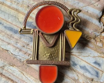 Vintage Abstract Brutalist Modernist Pendant Large Mixed Metals & Resin 2-3/8 x 3-1/4"