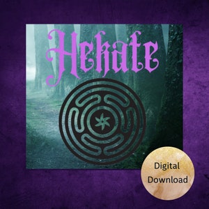 May include: Digital download of a printable image featuring the name "Hekaate" in a gothic font, a black and white pentagram symbol, and a forest background.