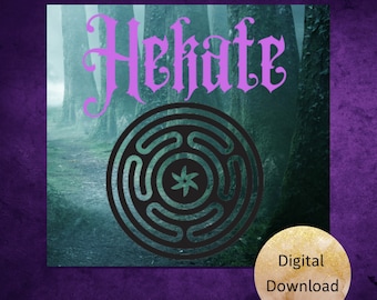 Könnte beinhalten: Digitaler Download eines druckbaren Bildes mit dem Namen "Hekaate" in gotischer Schrift, einem schwarz-weißen Pentagramm-Symbol und einem Waldhintergrund.