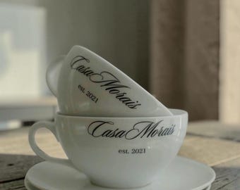 Personalized Cafe Cup and Saucer Set | Custom Name Coffee Cup | Housewarming & Wedding Gift | Custom Home Barista Mug
