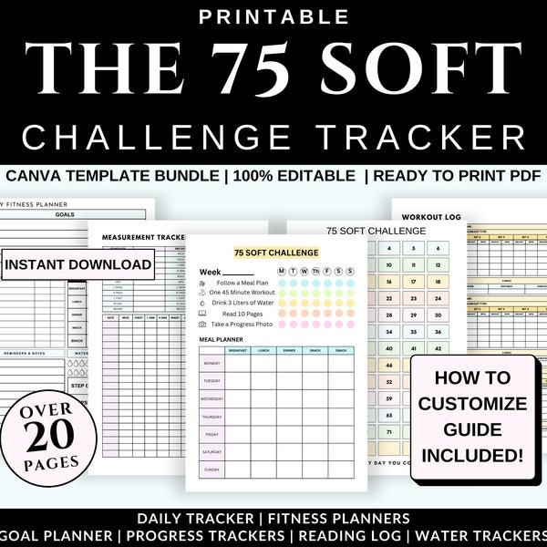 75 SOFT CHALLENGE TRACKER Printable Templates, Fitness Planner for 75 Soft, Meal Plan, Weight Tracker, Digital Workout Planner,Digital Print