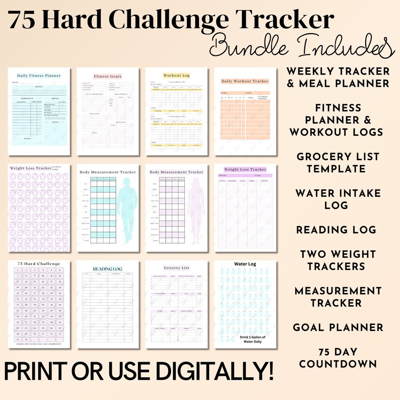 75 Hard Challenge Tracker Printable Template Bundle W/ Meal Planner, Reading Log, and Progress