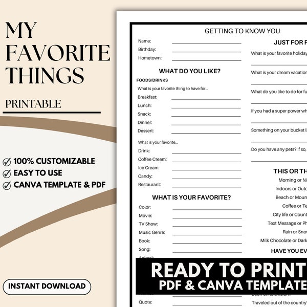 My Favorite Things Printable Worksheet | Getting to Know You Worksheet  | PDF & Canva Template | Coworker Questions | All About Me Survey |