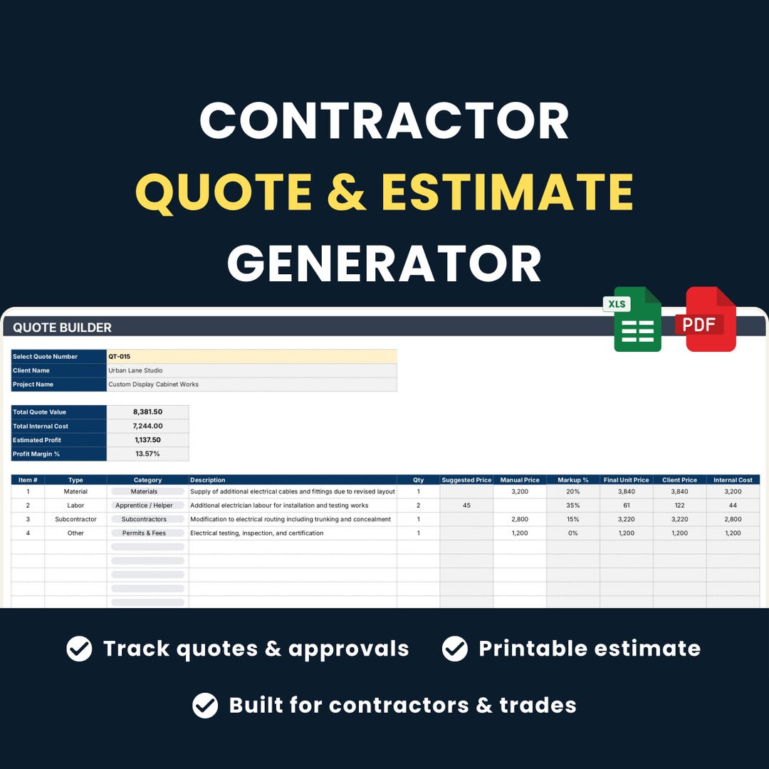 Contractor Quote & Estimate Template | Job Costing | Markup Calculator ...