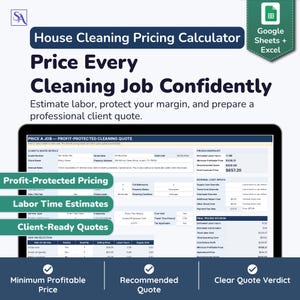 Op de afbeelding: Een digitaal prijscalculatiesjabloon voor huishoudelijke schoonmaakdiensten voor Google Sheets en Excel. De interface toont velden voor klantgegevens, schattingen van arbeidsuren en interne kosten voor het opstellen van offertes.