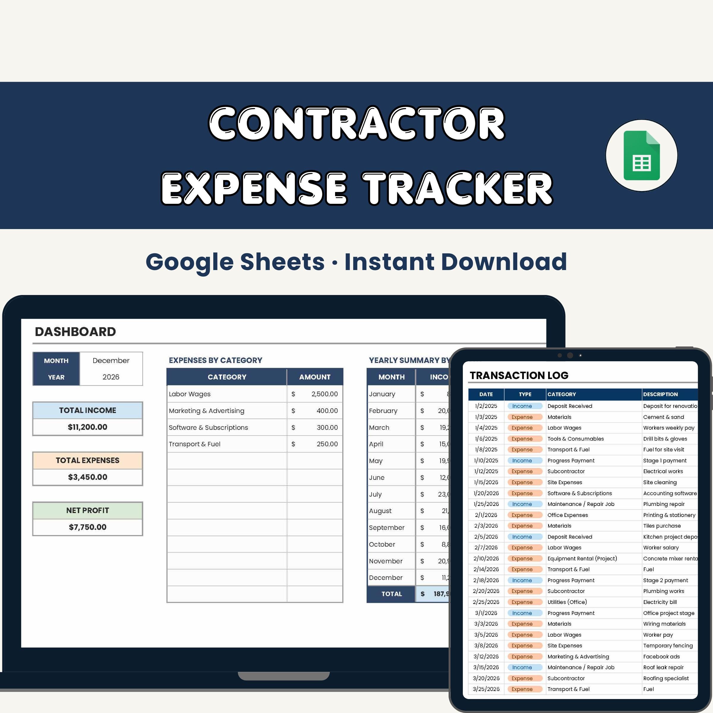 Contractor Expense Tracker | Job Cost & Income Log | Know Your Profit ...