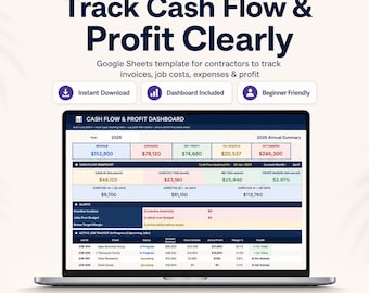 Contractor Cash Flow Spreadsheet, Job Costing Tracker, Construction Profit Dashboard, Google Sheets Template