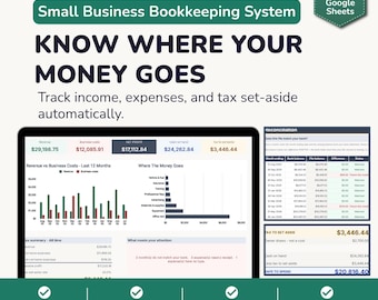 Small Business Bookkeeping Spreadsheet | Income Expense Tracker | Profit & Loss Dashboard | Bank Reconciliation | Google Sheets