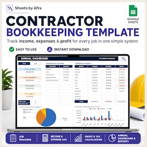 May include: A digital contractor bookkeeping template for Google Sheets titled Sheets by Afra. The screen displays an annual dashboard with financial data, including total income, expenses, profit, tax liability, and charts for monthly summaries.