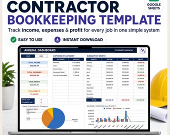 Contractor Bookkeeping Template, Google Sheets Job Cost Tracker, Income Expense Spreadsheet, Annual Dashboard