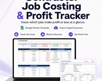 Contractor Job Costing Spreadsheet, Google Sheets Job Cost Tracker, Construction Profit & Expense Dashboard