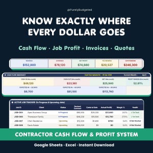 May include: A digital graphic with financial data, including revenue, expenses, and profit margins. The image displays a cash flow snapshot and an active job tracker, with the text "KNOW EXACTLY WHERE EVERY DOLLAR GOES."