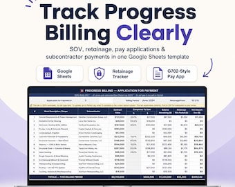 Subcontractor Progress Billing Tracker, Retainage Spreadsheet, G702 Style Pay Application, Google Sheets Contractor Template