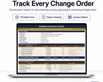 Construction Change Order Template, Contractor Change Order Form, Google Sheets Tracker, Contract Value Dashboard