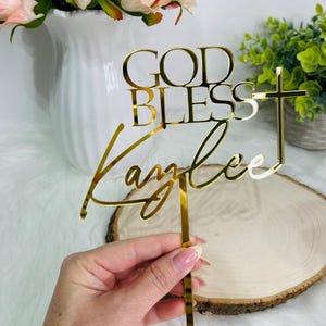 Custom God Bless Cake Topper with Name, Gold Mirror Acrylic Cake Topper for Baptism, Communion, Christening, Religious Party Keepsake
