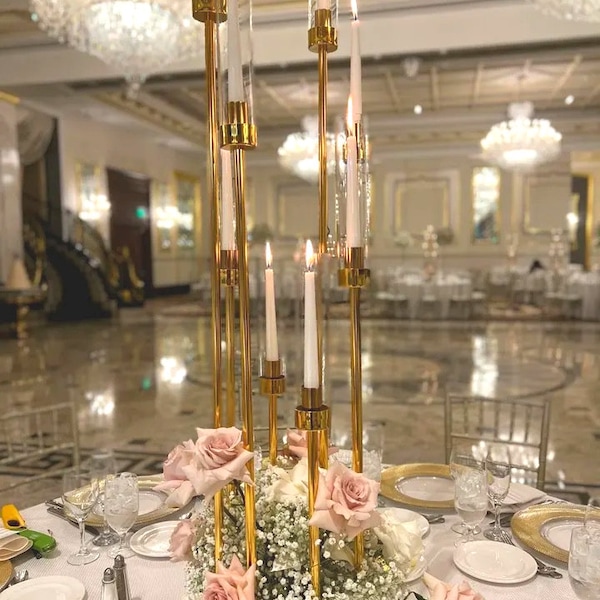 2 Sets | 5 Sets | 8 Arm 50'' Gold Metal Cluster Candelabra | Clear Crystal Shades | Wedding Party | Event  Centerpiece | Tall Candle Holders