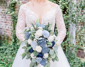 Dusty Blue, Navy and Ivory Sola Wood Flower Cascade Bouquet