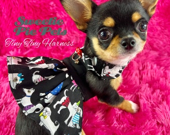 Tiny Tiny Dog Harness Dress: Colorful Dogs on Black