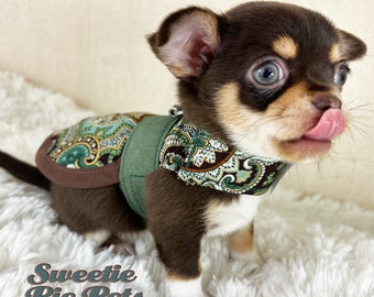 Tiny Tiny Dog Harness: Green & Brown Paisley