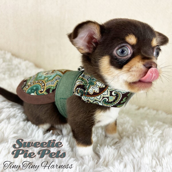 Tiny Tiny Dog Harness: Green & Brown Paisley