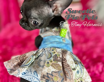 Tiny Tiny Dog Harness Dress: Blue & Brown Paisley