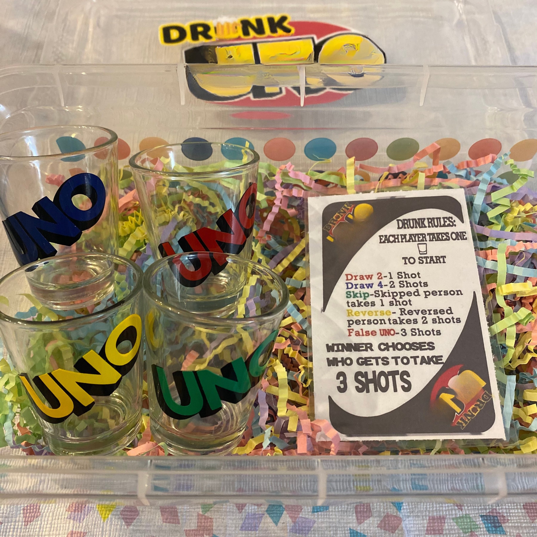 Drunk Uno Rule Card & Box/Shot Glass Design