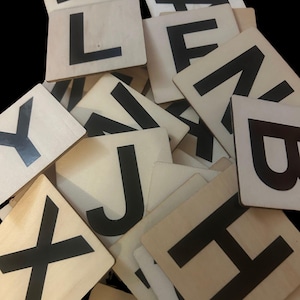 May include: A pile of wooden letter tiles, each displaying a black uppercase letter against a light beige backdrop. The letters, including L, F, J, X, Y, and H, are scattered on a dark surface.