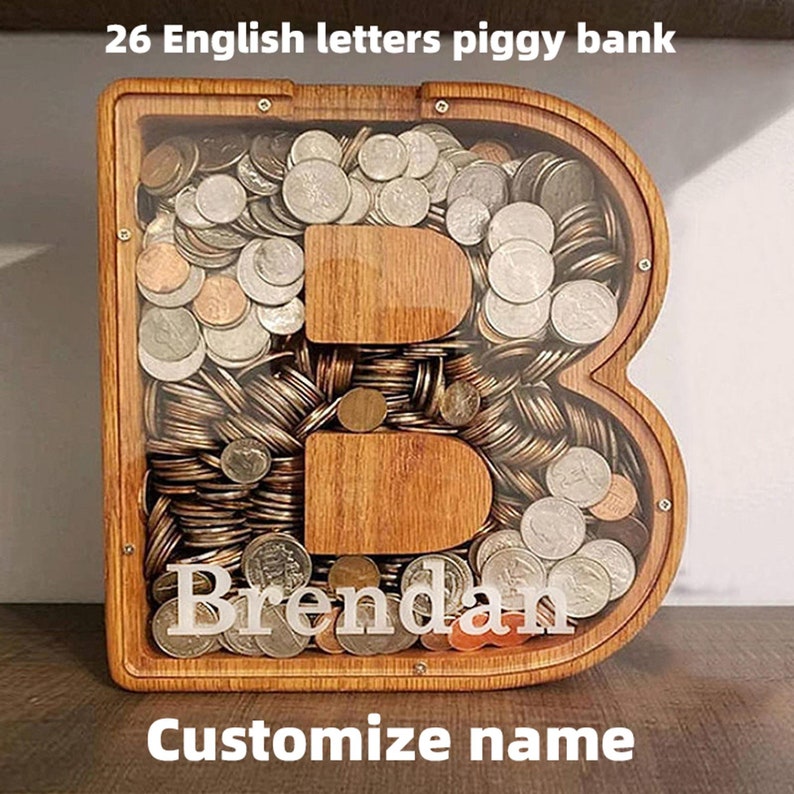 Personalized Wooden Letter Piggy Bank Custom Initial Money Etsy