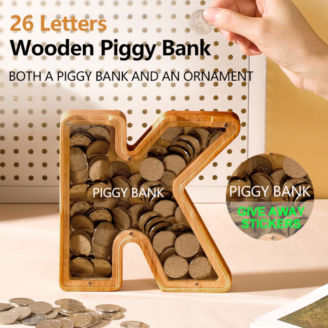 Wooden Piggy Bank, Name Bank, Coin Box, Initial Money Box, Personalized