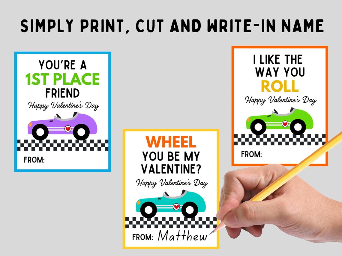 Race Car Valentine Cards -- Printable Racing Valentines for Classroom ...