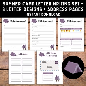 Carta imprimible morada del campamento - Notas para campamentos nocturnos para niños - Cartas para completar en el campamento de verano - Descarga digital imprimible