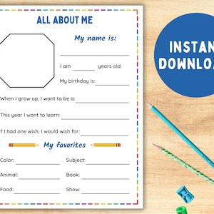 All About Me Printable -- Back to School Questionnaire -- First Day of School Worksheet -- Instant Download