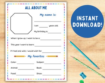 All About Me Printable -- Back to School Questionnaire -- First Day of School Worksheet -- Instant Download
