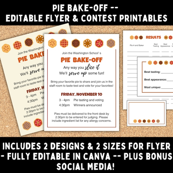 Pie Bake-off / Pie Swap / Pie Contest - Editable Canva Template Flyer and Contest Printables - Great for offices, schools, parties and more!