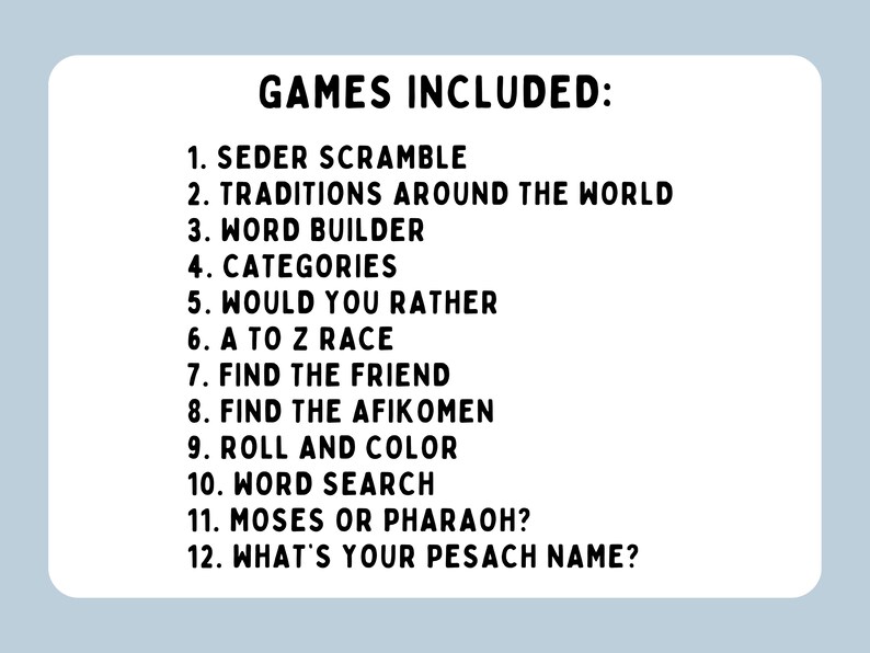 12 Passover Games and Activities -- Printable Entertainment for Pesach Seder -- Instant Download image 5