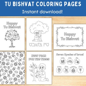 May include: A collection of black and white Tu Bishvat coloring pages. The pages feature illustrations of trees, children, and text that reads "Happy Tu Bishvat", "New Year for the Trees", and "Seven Species of Israel". The words "Instant download!" are also visible.